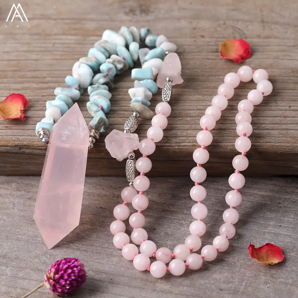 Pink Crystal Rose Quartz Mala Necklace For Women Jewelry Healing Larimar Chip Beads Knot Necklaces Gift