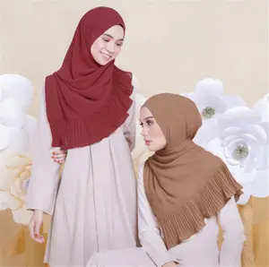 Ethnic Style Monochromatic Crumpled Stitching Long Pleated Chiffon Hijab Muslim Scarf Women Hijab Khimar Jilbab