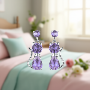 Pendientes Colgantes de Gato Morado E3827, Chapados en Plata, Aleación de Zinc, Joyería de Moda con Forma de Animal para Mujer, Regalo, Corte Brillante Redondo - Product Image 2