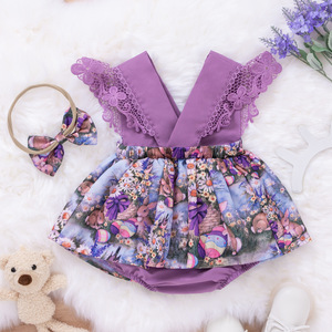 Combinaisons d'été en dentelle personnalisées avec logo pour nouveau-nés, ensembles de vêtements pour bébés filles, robes florales pour bébés avec bandeau - Product Image 1