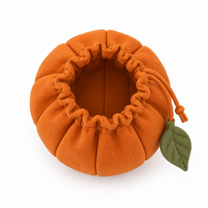 <b>Makeup</b> Pouch Pumpkin Shape Gathered Pleat Drawstring Leaf Charm Caramel Orange Wash <b>Bag</b> Custom Logo Gift - Product Image 5