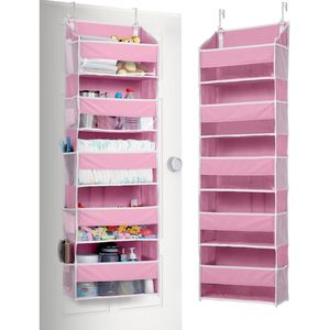 Organisateur de porte suspendu en tissu non tissé rose avec 5 grandes poches et 10 poches latérales en filet pour rangement de bébé - Product Image 1