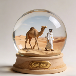 Souvenir Turistici dell'Arabia Saudita in Resina Personalizzata, Globo di Neve con Figure di Cammello Dromedario, Orso Arabo, Falco e Palma da Dattero - Product Image 6