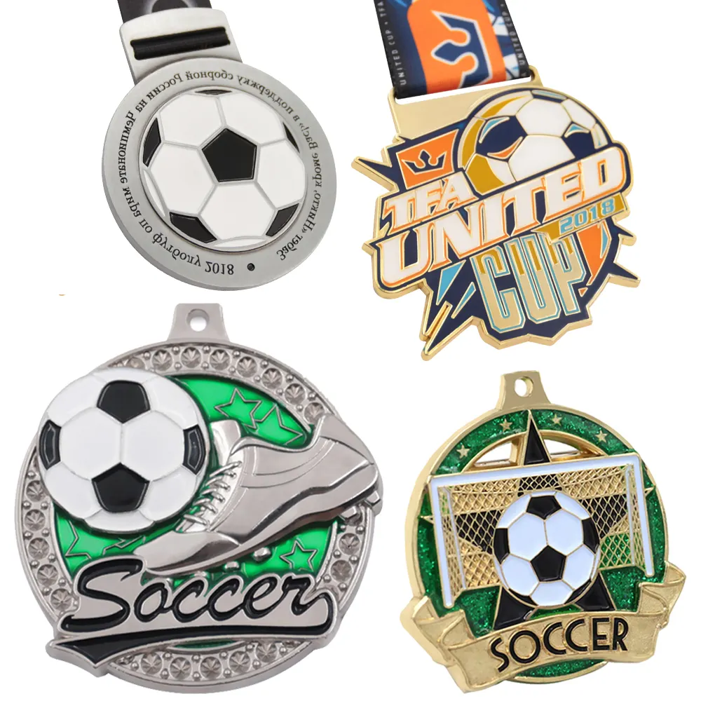 Manufacture supplier design metal 3d logo football soccer race sports gold award medal factory custom medal with ribbon