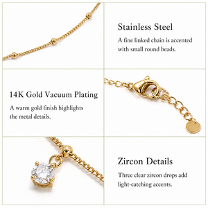 Collier à pendentif zircon en acier inoxydable plaqué or 14K sous vide, option chaîne perlée réglable, tons or et argent - Product Image 2
