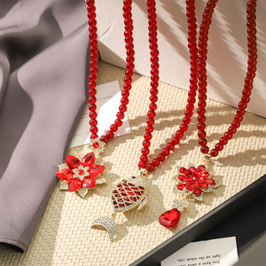 Retro Red Crystal Necklace Flower Pendant Zinc Alloy Party Jewelry Fashion Sweater Chain - Product Image 2