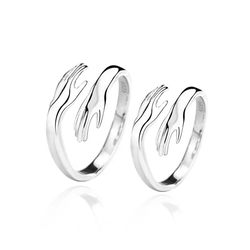 High quality open adjustable size 925 sterling silver couple hands hug rings for girls or boys