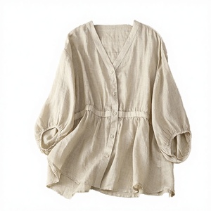 Women's <b>Linen</b> V-Neck Blouse With Balloon Sleeves Loose Fit Solid Color Casual Spring Summer <b>Top</b> Breathable Woven Fabric - Product Image 3