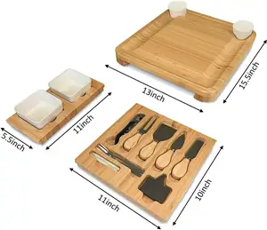 Set di taglieri e coltelli per formaggi in bambù, piatto di salumi in legno di bambù con cassetto per posate estraibile, vassoio da portata per formaggio