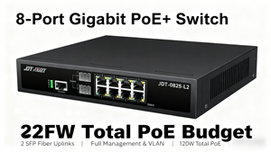 JDT-0802S-L2 8端口千兆托管PoE + 交换机，带2个SFP，120瓦预算，VLAN，业务服务质量闭路电视 - Product Image 2
