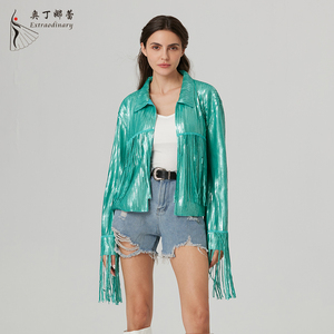 Fashion Mint <strong>Green</strong> Fringe <strong>Jacket</strong> Cool Girl Western Cowboy Matte <strong>Sequin</strong> <strong>Jacket</strong> - Product Image 1