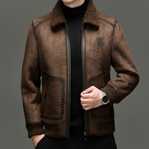Latest Fashion Thick Fur Lining Faux Leather <strong>Jacket</strong> Casual <strong>Men'S</strong> Sheepskin Faux Fur Coat for Winter - Product Image 3