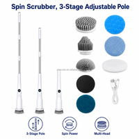 Brosse de nettoyage électrique rotative sans fil rechargeable par USB avec manche réglable à 3 niveaux et têtes multiples pour douche, carrelage et sol