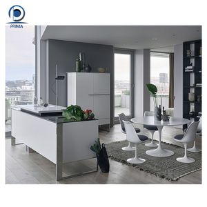 프리마 럭셔리 모던 코너 주방 캐비닛 세트 아일랜드 솔리드 표면 합판 저장 장치 리프트 시스템 도어 패널 싱크 - Product Image 1