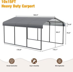 Abri de voiture en métal SOLIGEL 10' x 15' robuste, toit galvanisé, structure en acier thermolaqué, pour voitures, bateaux, SUV, véhicules agricoles - Product Image 2