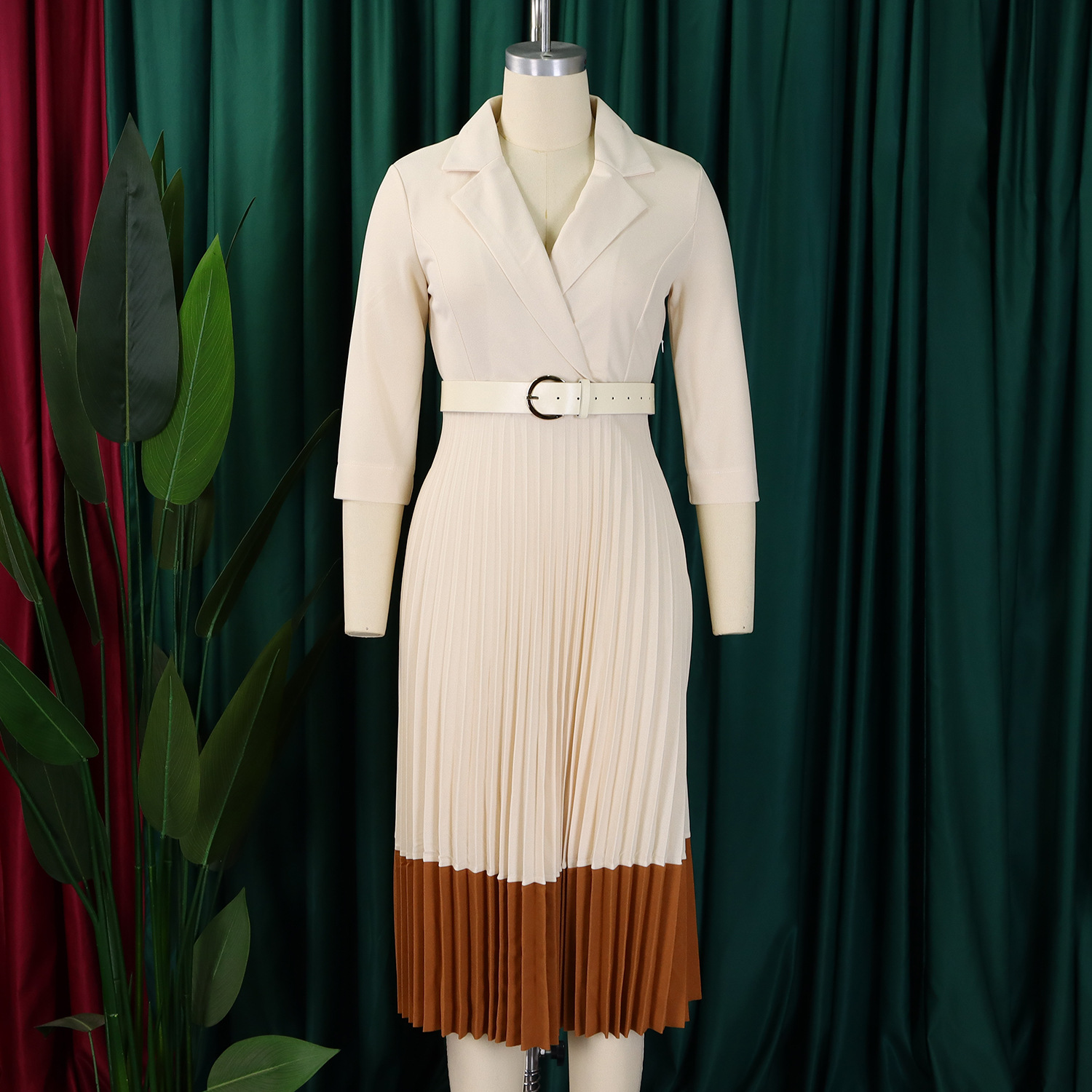 Trendy Women's Spring Autumn Formal Work Career Dress Elegant Midi Length  Office Suit Collar Pleated Pattern Casual Elegant Work| Alibaba.com