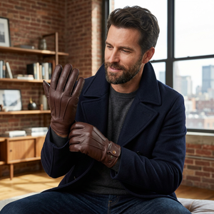 Gants en cuir de mouton marron, chauds pour l'hiver, compatibles écran tactile, pour la conduite, avec logo personnalisé, pour usage quotidien en extérieur - Product Image 2