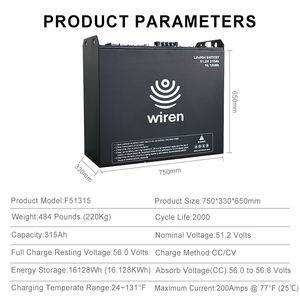 Batería LiFePO4 Wiren F51315 51.2V 315Ah |   Batería de Ciclo Profundo de 16.128KWh |   Para almacenamiento de energía solar, para vehículos recreativos y para la industria - Product Image 6
