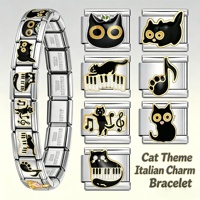 Bracelet à breloques italien personnalisé en gros, en acier inoxydable 9 mm, style Y2K, avec breloque chat noir et piano, bijoux de mode pour femmes, cadeaux DIY