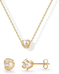 Ensemble de bijoux pour femme PAVOI en alliage d'argent sterling plaqué or 14 carats avec collier et boucles d'oreilles clous en forme de coquille de perle - Product Image 1