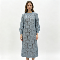 Robe longue en maille bleue Holly Midi personnalisée OEM & ODM de haute qualité pour femme, à manches longues, style pointelle, pour le loisir, vente en gros