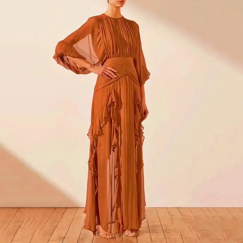 Fall Trending Products 2023 New Arrivals Elegant Women Sheer Clothing Chiffon Silk Long Sleeves Ruffle Midi Dress