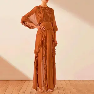 Fall Trending Products 2023 New Arrivals Elegant Women Sheer Clothing Chiffon Silk Long Sleeves Ruffle Midi Dress