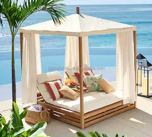 Gartenmöbel im Freien Terrasse setzt Sonnen liege Teak Daybed Double Chaise Lounge mit Baldachin Sonnen liege