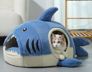 Nouveau design carré chat et petit chien lit chaud mignon nid en forme de requin avec grotte semi-fermée doux en peluche fausse fourrure mousse matériel - Product Image 3
