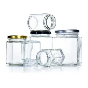 hot-sale 380m l1 oz hexagon polygon clear food storage glass bottle honey bee sauce pickle nut jar with metal lug lid