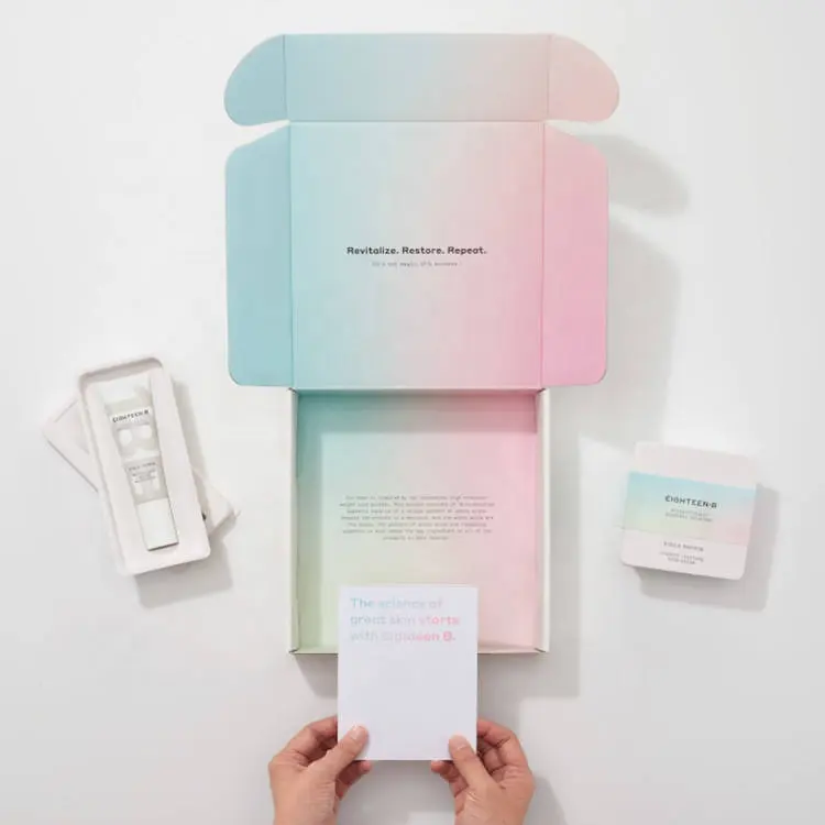Caja de envío de papel con logotipo personalizado, gradiente de lujo, económico, Color azul y rosa, suero para el cuidado de la piel, producto cosmético