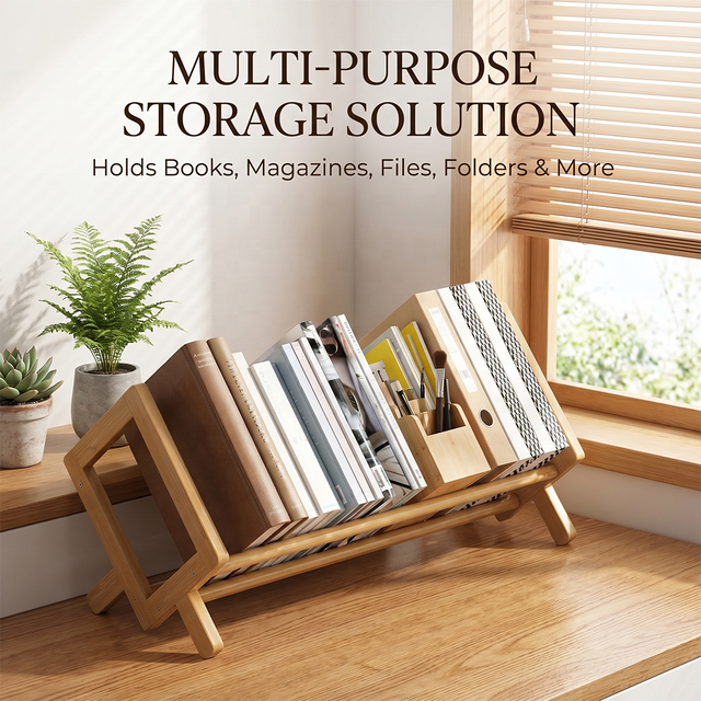 Modern Durable Sustainable Anti-Tipping Bamboo Desktop Book Storage Display Rack Multifunctional CD Rack Bookshelf for Kitchen