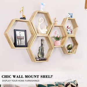 Estante de pared hexagonal de madera, modular, geométrico, para almacenamiento y exhibición, para dormitorio o sala de estar - Product Image 3