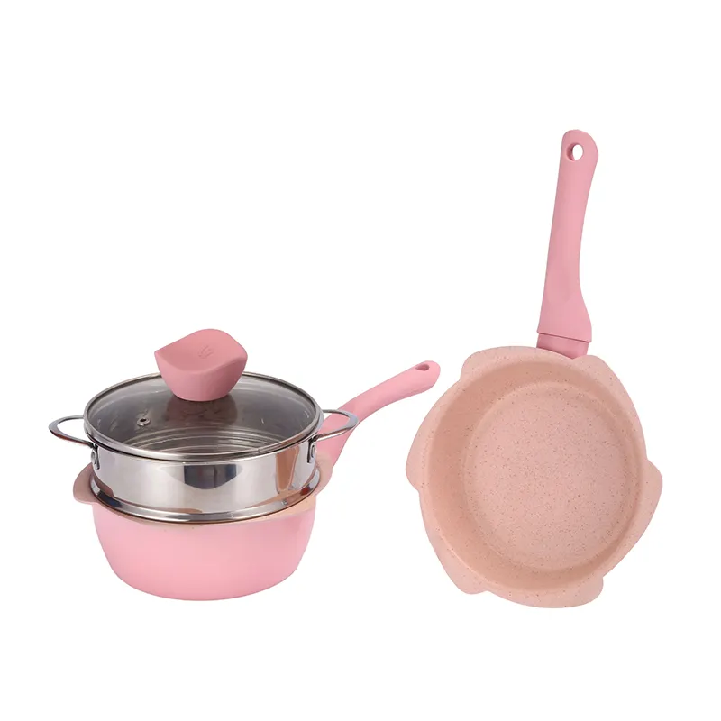 Hot Bán Bé Nồi Thực Phẩm Dễ Thương Nhôm Fry Pan Phổ Biến Sữa Màu Hồng Chậu Và Chảo Với Nồi Hấp Bộ Đồ Nấu Nướng