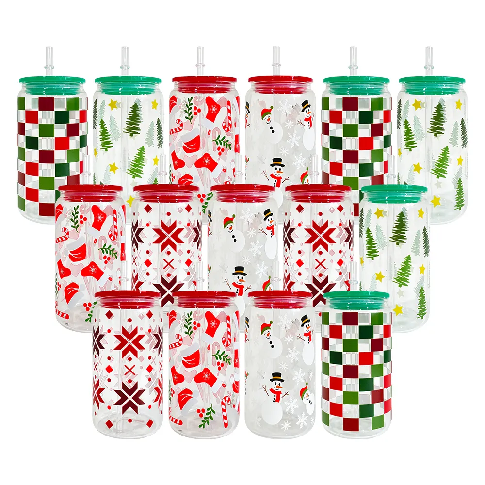 Ready To Ship Christmas Xmas Print 16oz Snowman Clear Glass Can with PP Lids Uv Print Santa Hats Stockings Clear Beer Glass Can