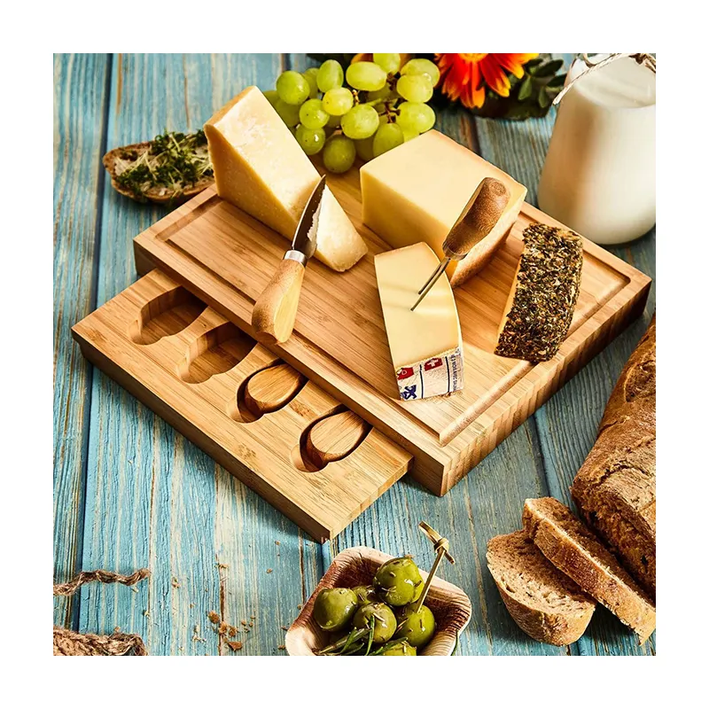 Ideal Bamboo High Quality Bamboo Cheese Board With Knife Set Meat Platter Food Serving Tray Charcuterie Cutting Board for Gift