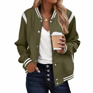 Chaqueta Bomber Personalizada Mujer Varsity Casual Botón Abajo Ligero Otoño Moda Prendas de abrigo cortas con bolsillos OEM - Product Image 1