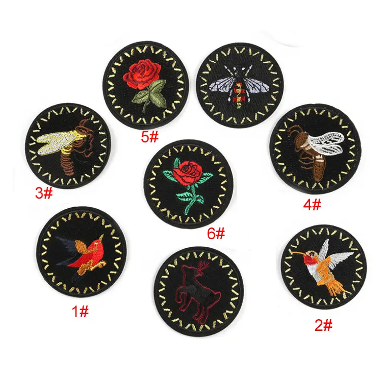 hot sale black color animal flower pattern merrow border full embroidery round patch badges for clothes bag