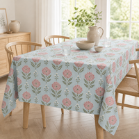 Nappe Rectangulaire Moderne Style Ferme, Motif Floral Bleu, 100% Coton Pur, Imprimé Grenade Terracotta, Décoration Rustique pour Salle à Manger