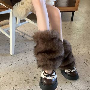 Buzlu Tek Renk El Yapımı Çorap Kılıfları Sonbahar Kış Kahverengi Retro Suni Kürk Bacak Isıtıcıları Y2K Millennial Hot Girl Baldır Isıtıcıları - Product Image 3
