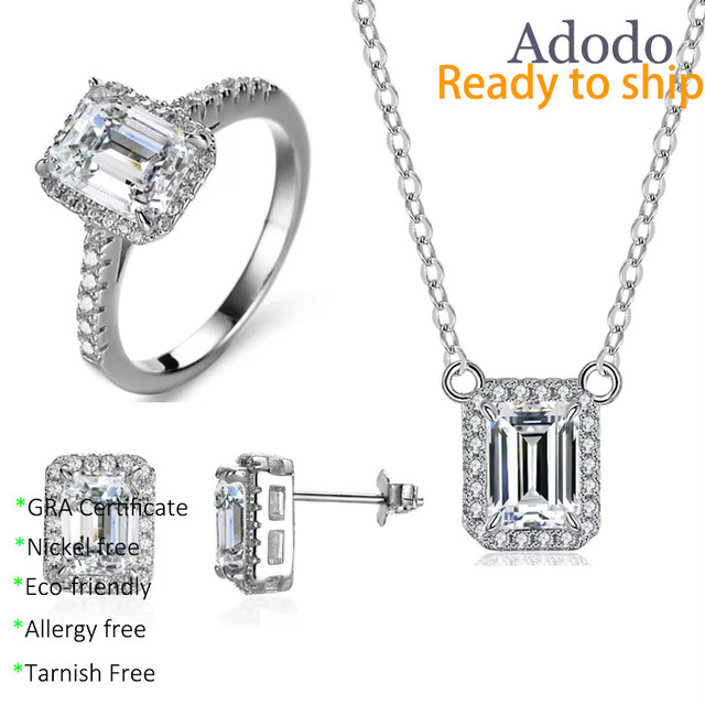 Famous Jewellery S925 Silver 2 Carat Emerald Cut Moissanite Ring Pendant Necklace Earrings Jewelry Set for Women