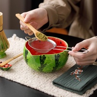Ensemble Matcha en céramique Chawan peinte à la main motif pastèque, fouet en bambou, prix de gros OEM