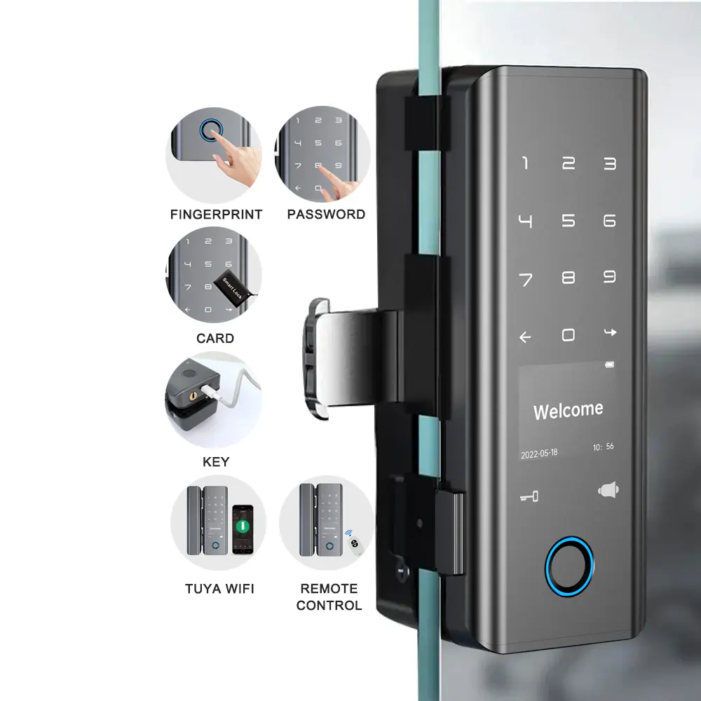 Venta caliente TUYA WIFI Cerradura de puerta de vidrio inteligente Aplicación Bluetooth Tarjeta biométrica digital de huellas dactilares Cerradura digital Cerradura de puerta de vidrio de oficina