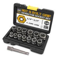6.35mm-19mm Bolt Nut Remover Socket Set Car Tool Kit Damaged Screw Extractor 14pcs Cr-Mo Steel Hand Tools