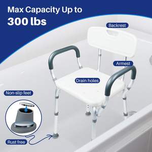 רפואי מקלחת כיסא אמבטיה מושב עם זרועות מרופדות, נשלף חזרה ורגליים מתכוונן, אמבטיה בטיחות ותמיכה - Product Image 4