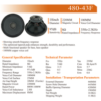 DYD480-43F Haut-parleur de graves professionnel 18 pouces, bobine vocale en cuivre 100 mm, aimant en ferrite 220 mm, 8 ohms, 97 dB, unité de subwoofer de scène