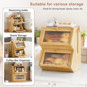 Boîte à pain en bambou à double couche, trapézoïdale, transparente, anti-poussière, rangement de cuisine pour pain, pâtisserie, fruits, desserts - Product Image 4