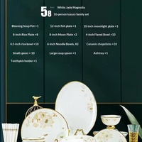Service de table de luxe en porcelaine fine avec bordure en or 24 carats, motifs floraux peints à la main, assiettes et bols avec soupière pour mariage