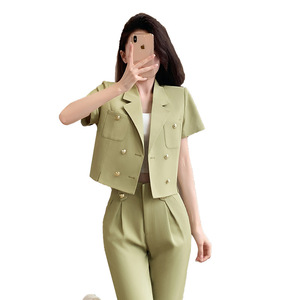 Women's Suit Set Solid Color Short Sleeve Blazer With Pants Anti-Wrinkle Polyester Casual Wear For Spring Summer - Product Image 5