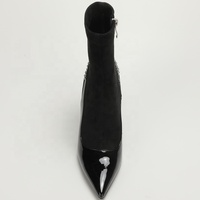 Bottines à talon aiguille en daim noir et cuir verni avec chaîne argentée et strass, fermeture éclair latérale, pour femme, style mature et élégant